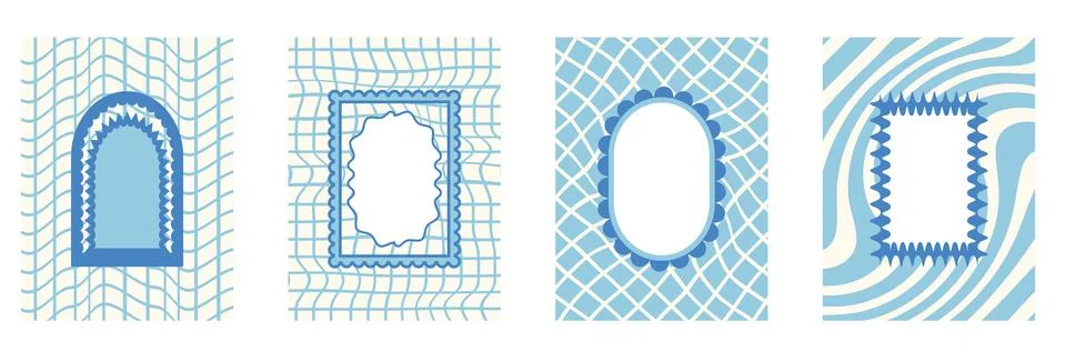 Retro funky blue frames with groovy checkerboard background. Set of fun kid Stock Illustration