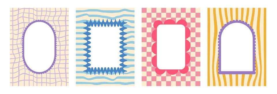 Retro funky frames with groovy checkerboard background. Set of fun kid border Stock Illustration