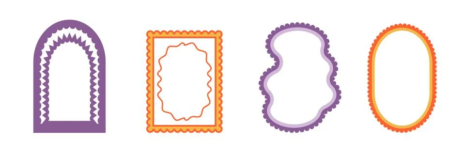 Retro funky frames with groovy effect. Set of fun kid borders with scallop wavy Stock Illustration