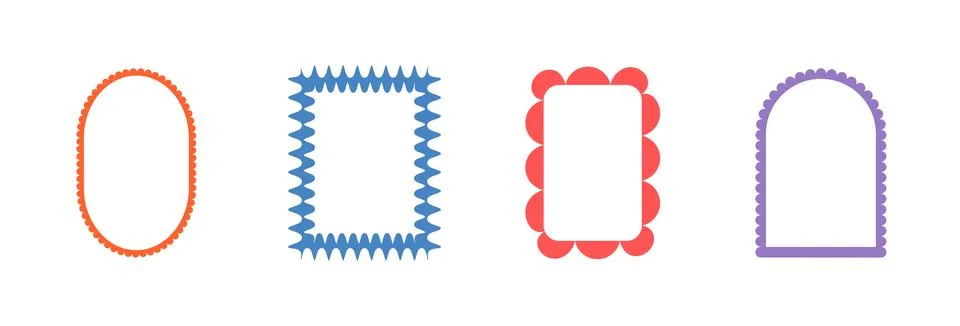 Retro funky frames. Set of fun kid borders with scallop wavy edges. Text boxes Stock Illustration