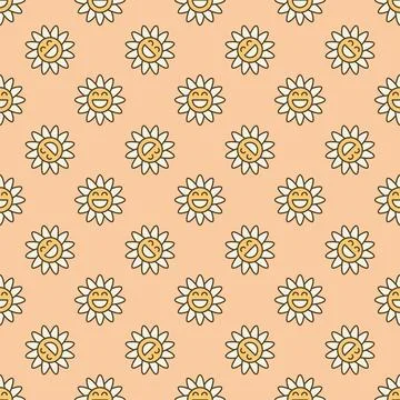 Retro Funny Daisy Flower vector minimal colored seamless pattern in Groovy .. Stock Illustration