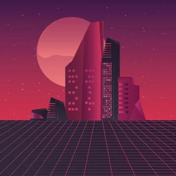 Retro future label with buildings scene Ilustración de archivo