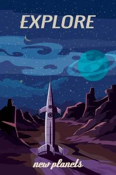 Retro future poster, space Rocket and alien planets, mountain landscape Illustrazione stock