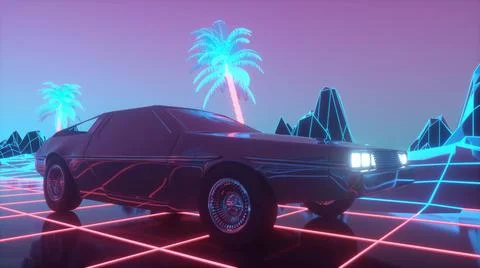 Retro-futuristic 80s style sci-Fi car background. 3d illustration Stock Photos