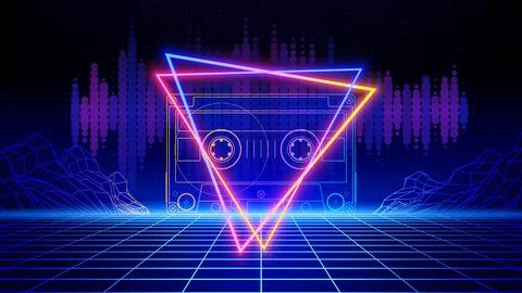 Retro futuristic abstract background. Synthwave 80s style poster. Neon triangle 스톡 일러스트