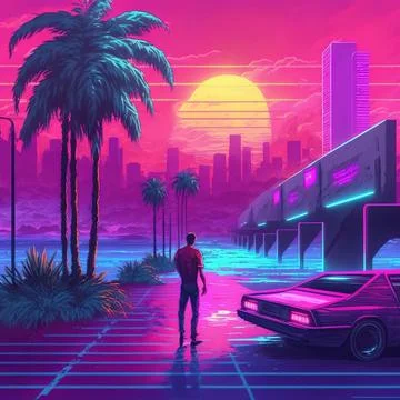 Retro futuristic back side view 80s supercar on trendy synthwave, vaporwave,  Stock Illustration