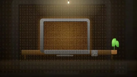 Retro futuristic computer workstation with glowing screen and small plant in a Stock Footage 341828903