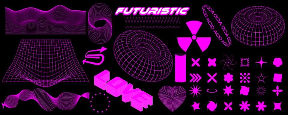 Retro futuristic design elements. 3D wireframe shapes in trendy retro cyber.. Stock Illustration
