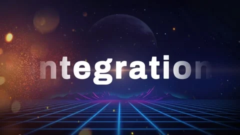Retro futuristic digital landscape with integration text animation displayed Stock Footage 344715062