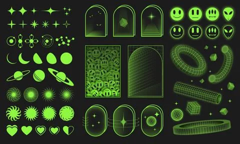Retro futuristic elements for design in neon green color. Collection of abstract Illustrazione stock