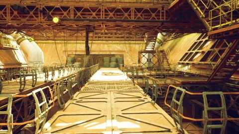 Retro futuristic foundry service walkway evoking craft and tech Stock Footage 339790953
