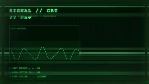 Retro Futuristic Green Computer Interface with Digital Signal Waveform and Stock Footage 345760224