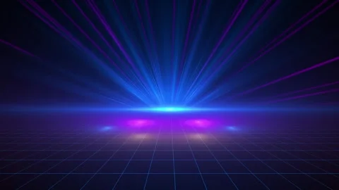 Retro futuristic grid stage background blue and purple laser beams, glowing hori Video stock 340477559