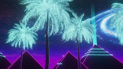 Retro futuristic Loop Animation of Neon Palm Tree 3D loop Stock Footage 264181877