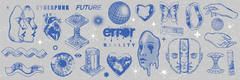 Retro futuristic object set, vector y2k cyberpunk sticker kit, brutalism Illustrazione stock