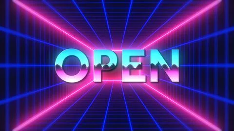 Retro Futuristic Open Text On Perspective Mesh Rectangle Tunnel Neon Light Stock Illustration