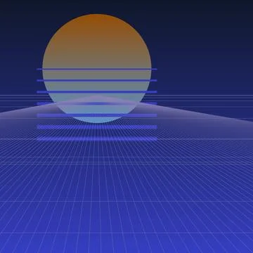 Retro futuristic synthwave background with glowing sun and blue wireframe p.. Stock Illustration