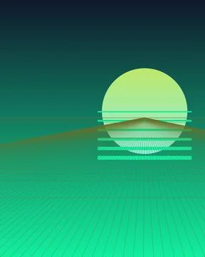 Retro Futuristic Synthwave Digital Landscape with Neon Green Sun and Perspe.. Stock Illustration