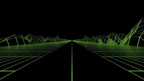 Retro futuristic synthwave grid background with hills on a black endless space Stock Illustration