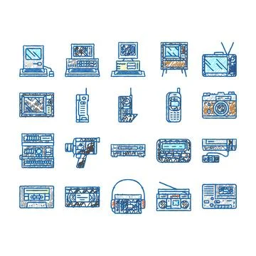 Retro gadget technology device icons hand drawn イラスト素材