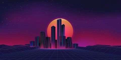 Retro game city, sci fi background. Futuristic 80s neon landscape, virtual grid Stock Illustration