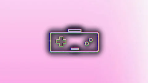 Retro game controller with neon outline on pink background, animation style Video stock 305293240