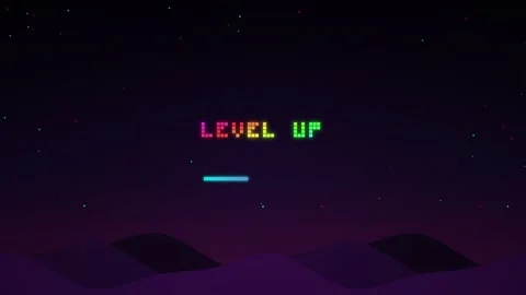 Retro Game Level Up Animation with Pixelated Rainbow Typography Stockbeeldmateriaal 347113648