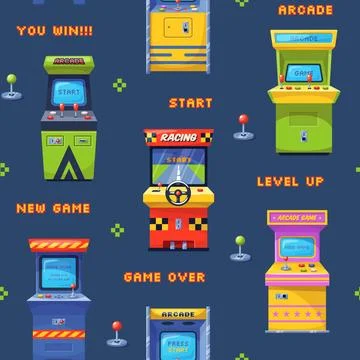 Retro game machines seamless pattern. Repeated arcade and racing automates Stock Illustration