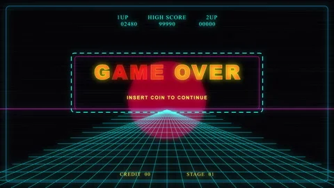 Retro game over arcade screen with neon grid and glowing sunset animation Stock Footage 346740405
