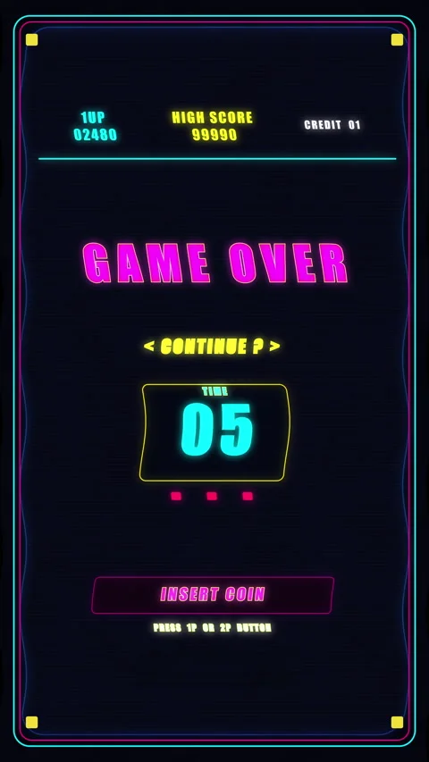 Retro game over screen animation with neon arcade countdown timer Stock Footage 346740407