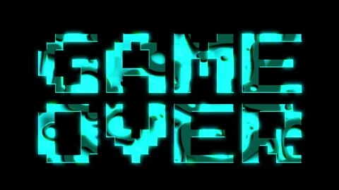 Retro Game Over Screen: Pixelated Teal Text on Black Background Stock Footage 311258095
