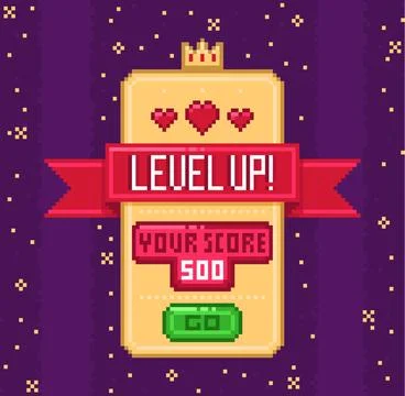 Retro game screen. Pixel ribbon with level up inscription, 8 bit asset interface Stock Illustration