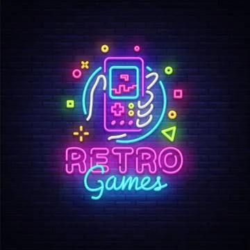 Retro Games Vector Logo. Retro geek gaming gamepad in hand neon sign, modern Stock Illustration