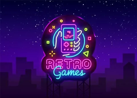 Retro Games Vector Logo. Retro geek gaming gamepad in hand neon sign, modern Stock Illustration