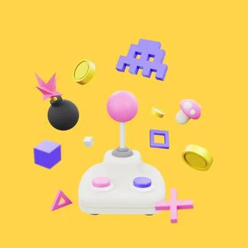 Retro gaming 3D render illustration. 8bit pixel art style arcade game concept Stock Illustration