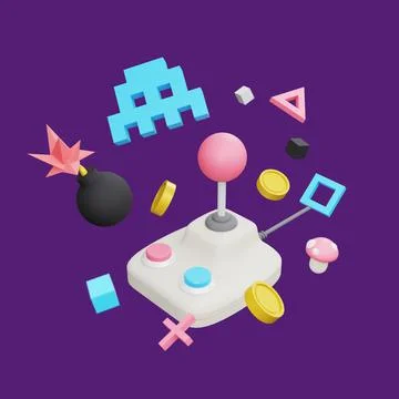 Retro gaming 3D render illustration. 8bit pixel art style arcade game concept Stock Illustration