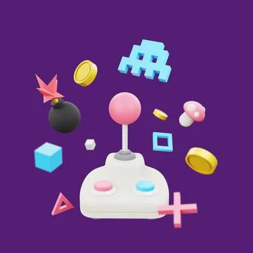 Retro gaming 3D render illustration. 8bit pixel art style arcade game concept Stock Illustration