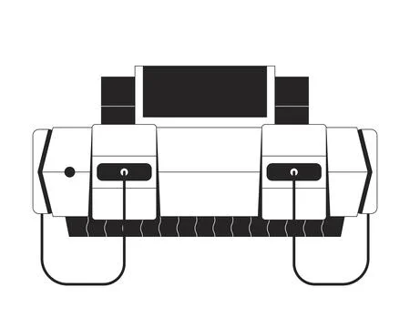 Retro gaming console with wired controller ports black and white 2D line obje Stock Illustration
