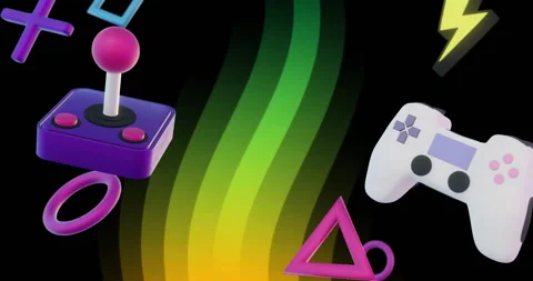Retro gaming joystick and controller animation over colorful wave background Video stock 310821402