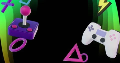 Retro gaming joystick and controller image over colorful wave background 스톡 일러스트