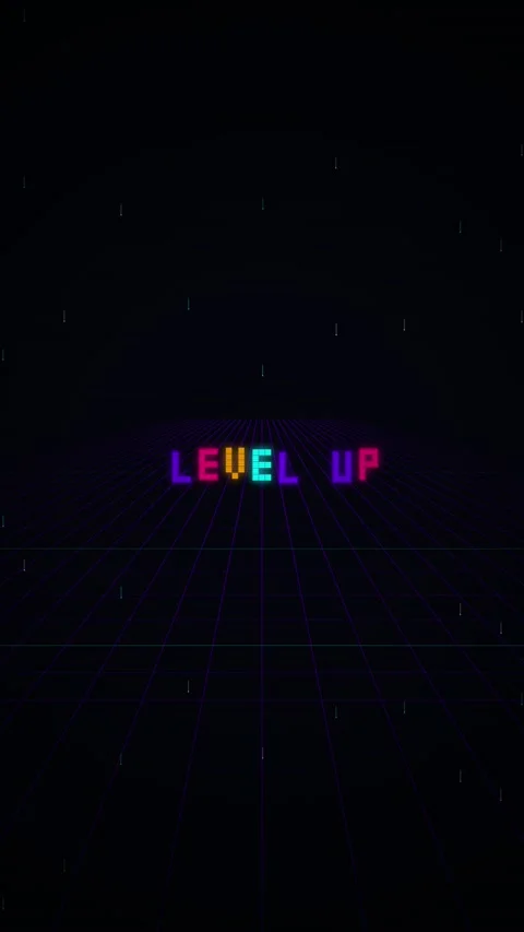Retro Gaming Level Up Text Animation with Grid Background Vídeo Stock 347186564