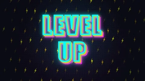 Retro Gaming Level Up Text with Neon Glitch Effect Animation Stock Footage 336619713