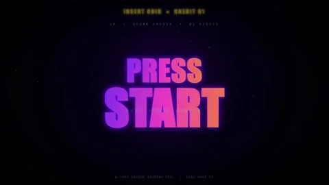 Retro Gaming Press Start Screen with Glitchy Neon Colors and Vintage Arcade Stock Footage 345751824
