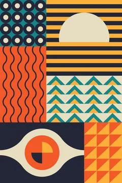 Retro Geometric Abstract Composition with Bold Shapes and Decorative Patterns Stock Illustration