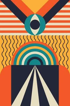 Retro Geometric Abstract Composition with Bold Shapes and Decorative Patterns Stock Illustration
