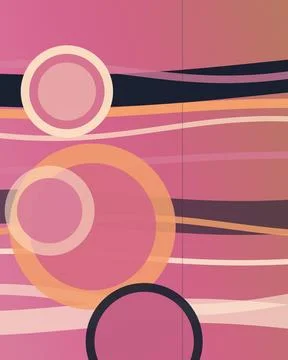 Retro geometric circles float over pink, peach, and beige striped bands, cr.. Ilustração Stock