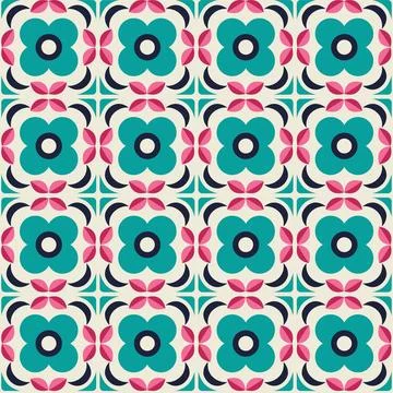 Retro Geometric Floral Seamless Pattern in Teal and Pink Stock Illustration