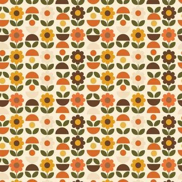 Retro Geometric Floral Seamless Pattern in Mid Century 70s Style Stock Illustration
