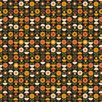 Retro Geometric Floral Seamless Pattern with Daisy Flowers on Dark Background Stock Illustration
