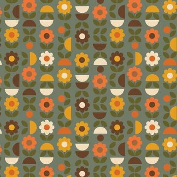 Retro Geometric Floral Seamless Pattern with Daisy Flowers on Olive Green B.. Stock Illustration